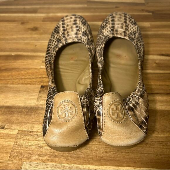 Tory Burch Eddie Snake Watersnake Veg Leather Ballet Flats Tan Brown - Picture 8 of 9